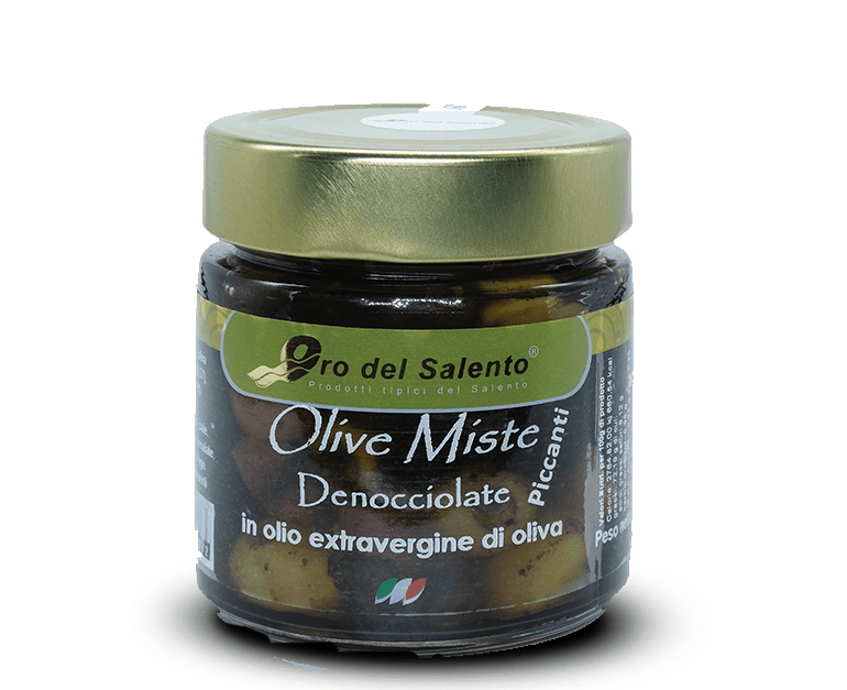 Olivenmischung entsteint im Glasbehälter von 230g Olive Miste Denocciolate Piccanti in vaso di vetro 1